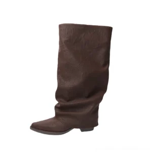 Brown slouchy pointed-toe tall boots with a softly gathered shaft, low block heel, matte suede-like PU upper, and relaxed streetwear silhouette