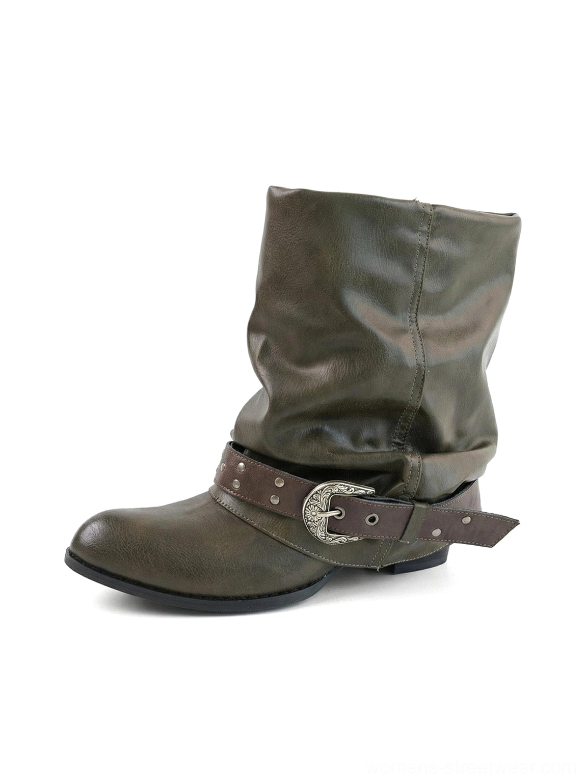Brown olive slouchy western buckle cowhide ankle boots shown in a side product view on a white background