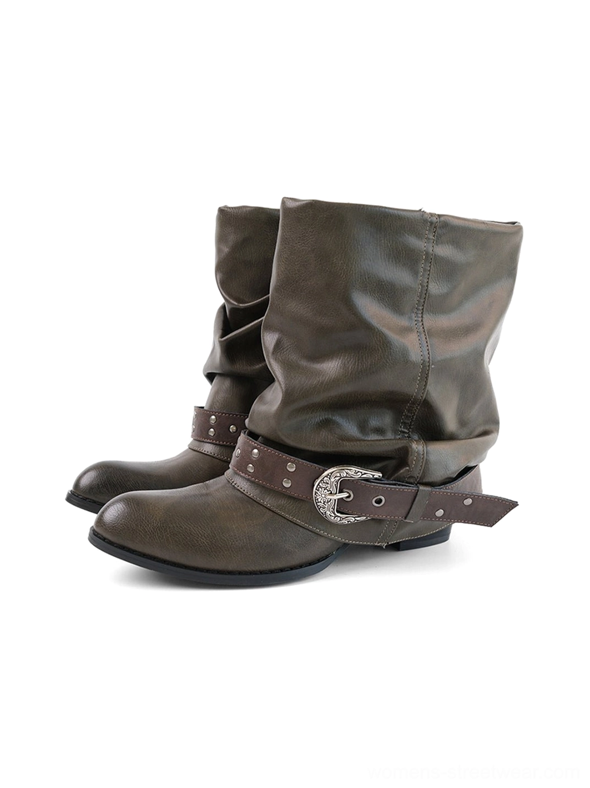 Brown slouchy western buckle cowhide ankle boots product image for women's streetwear styling