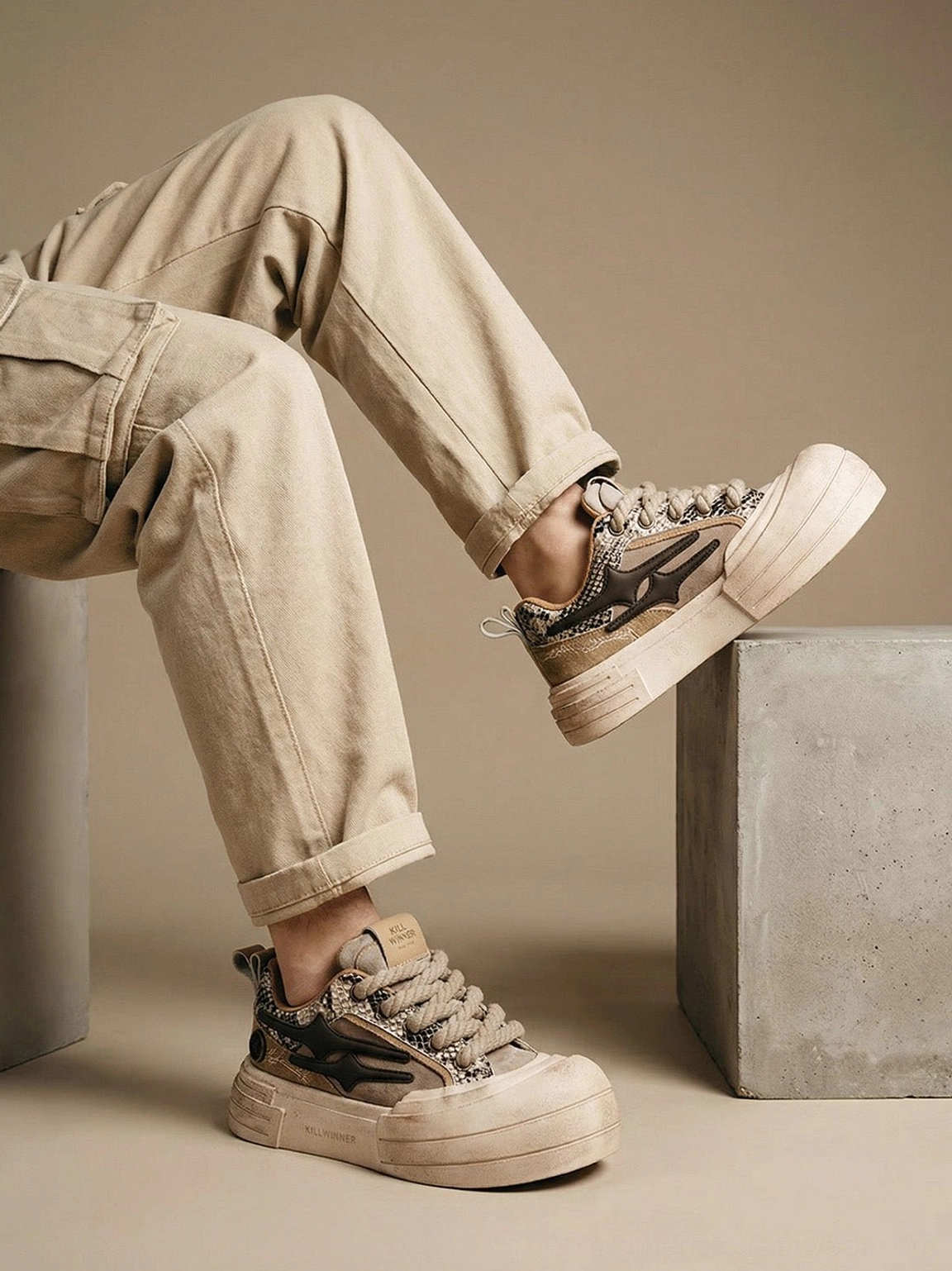 Brown smiley chunky sole sneakers styled with rolled beige cargo pants in casual Korean streetwear outfit