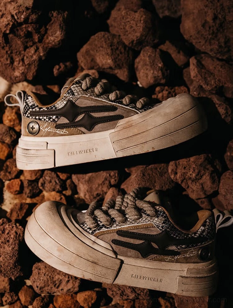 Brown chunky platform sneakers top and side view highlighting lightning motif outsole branding and thick cream sole
