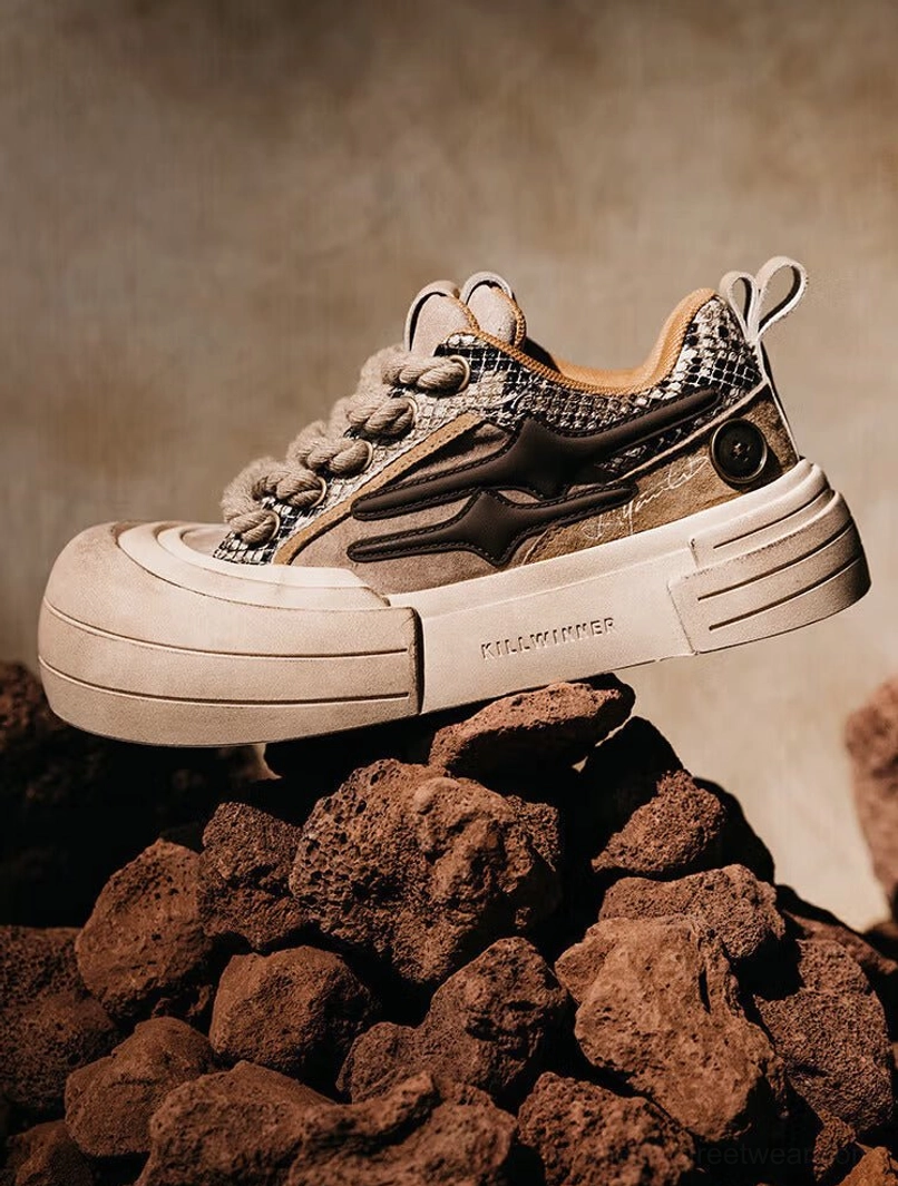 Brown smiley lightning platform sneakers with tonal mixed synthetic textile upper and bold cream platform sole