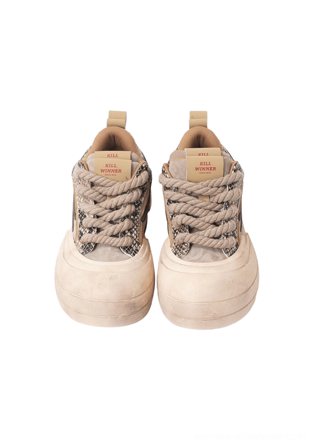 Brown smiley lightning platform sneakers showing playful side graphic layered construction and cream platform outsole
