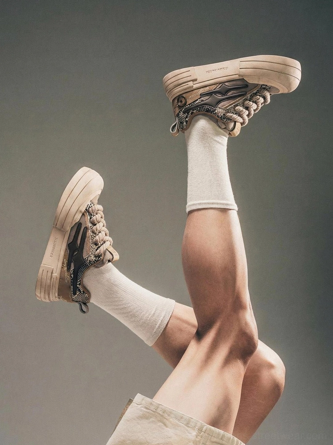 Low angle view of brown lightning platform sneakers showing thick cream outsole woven laces and layered side panels