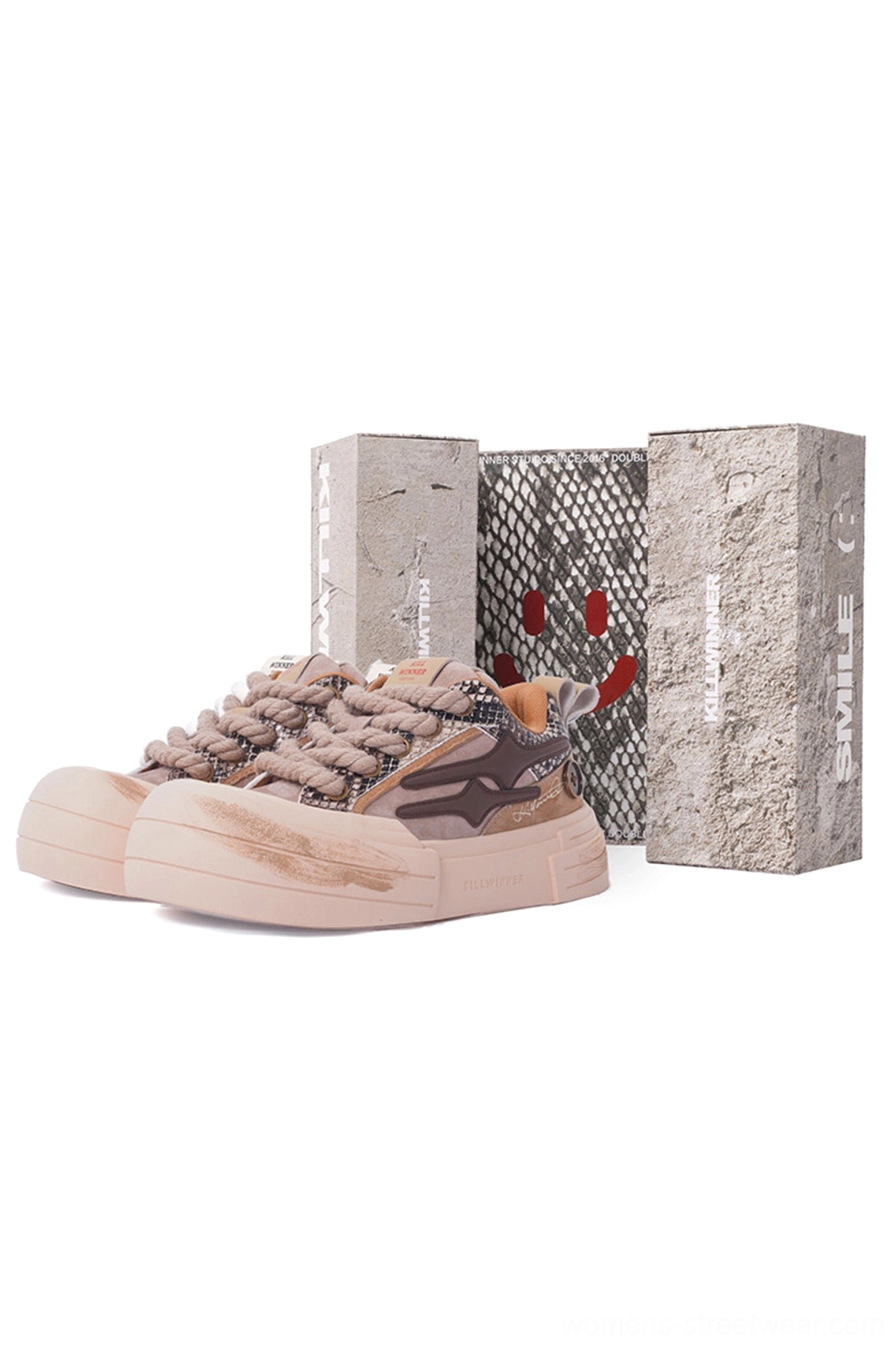 Brown smiley lightning platform sneakers with vintage inspired chunky outsole and warm earth tone layered upper