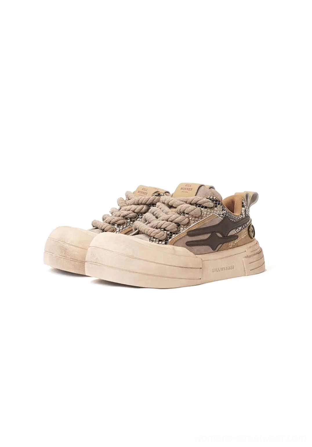 Brown smiley lightning platform sneakers featuring thick woven laces sculpted platform sole and tonal streetwear panels