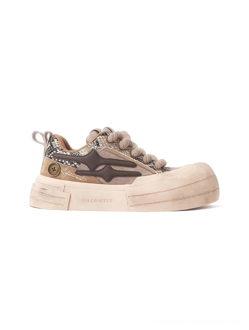 Brown smiley lightning platform sneakers with extended chunky sole for Y2K Korean streetwear outfits
