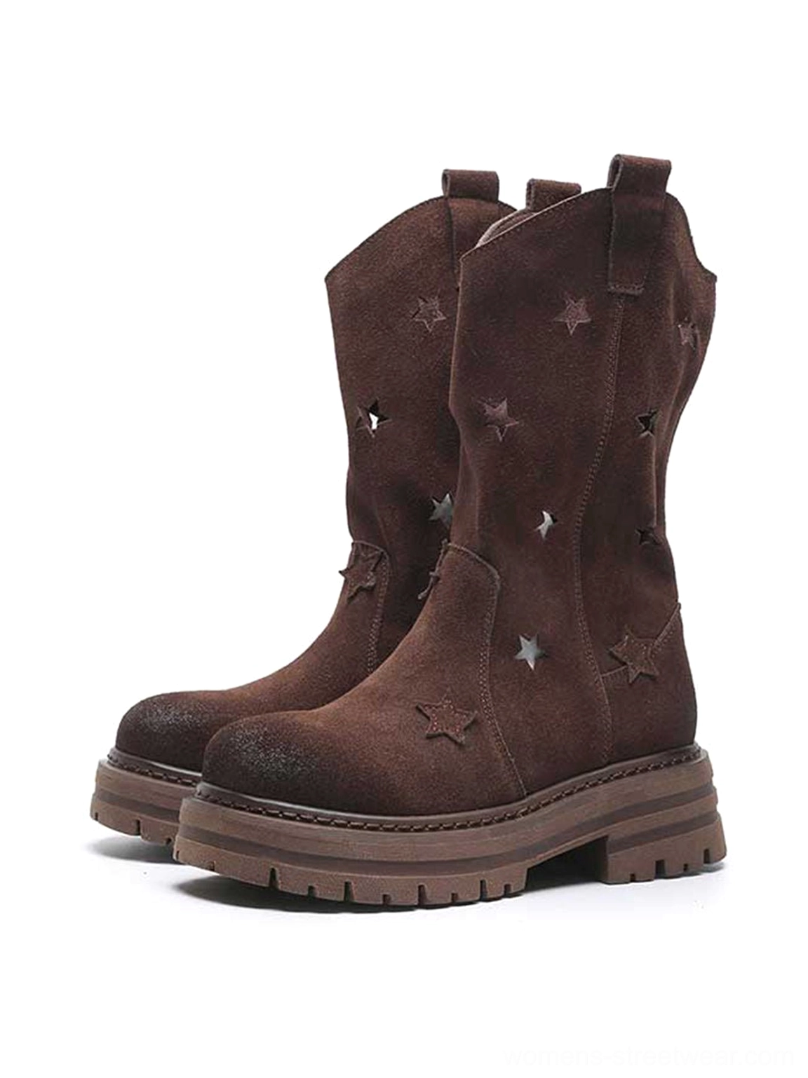 Brown nubuck perforated-star platform boots mid-calf silhouette displaying rich chocolate suede finish with star cutout details and chunky sole