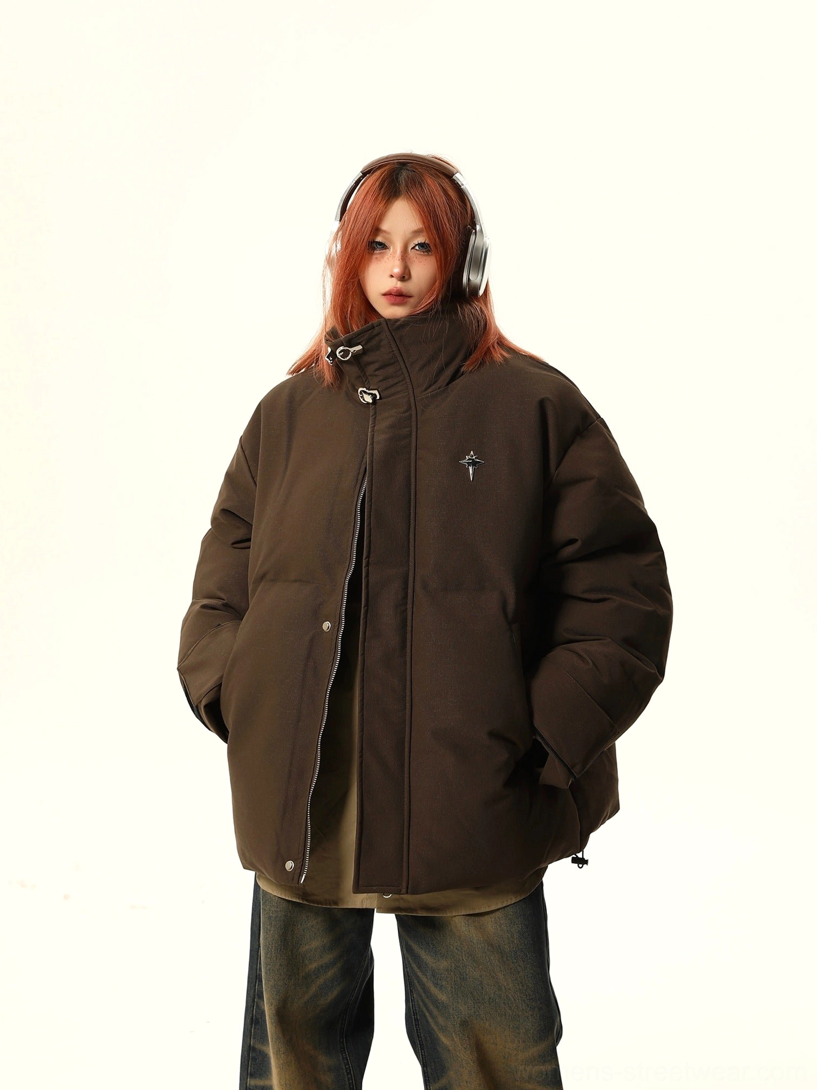 Brown star embroidered oversized stand collar puffer jacket front full body streetwear outfit