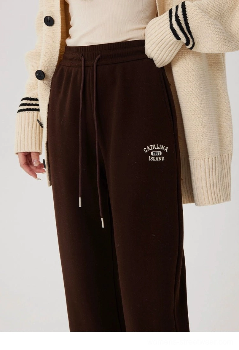 Front close-up of brown relaxed streetwear sweatpants with fleece lining, elastic drawstring waist, straight leg, and subtle embroidered thigh detail