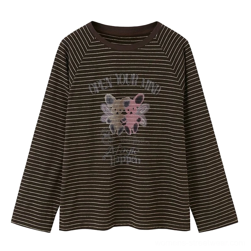Flat lay of brown striped puppy graphic oversized crew neck long sleeve t-shirt with cartoon animal print