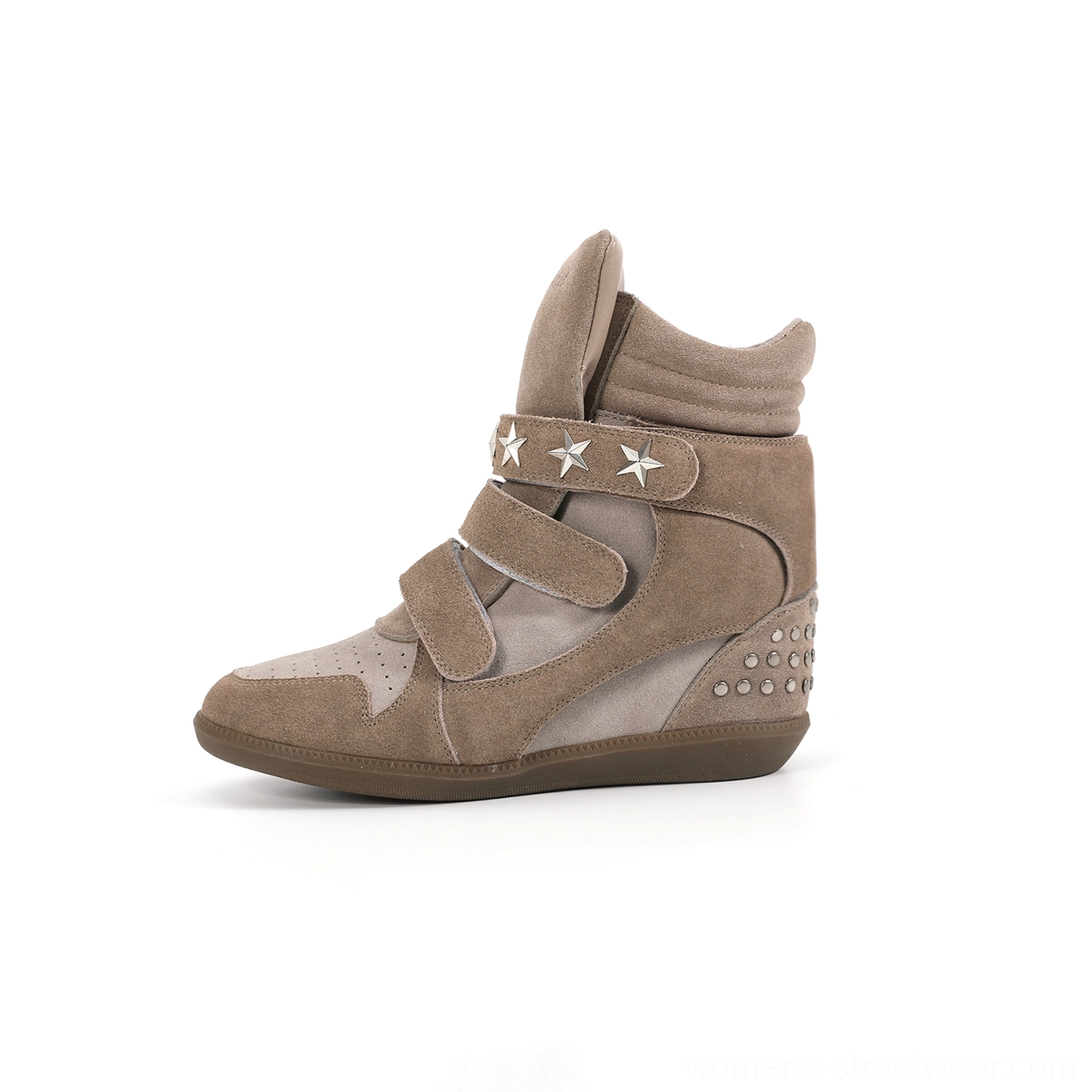 Brown suede hidden wedge high-top sneaker boots with triple star-decorated straps, perforated toe cap, studded heel details, and neutral streetwear styling