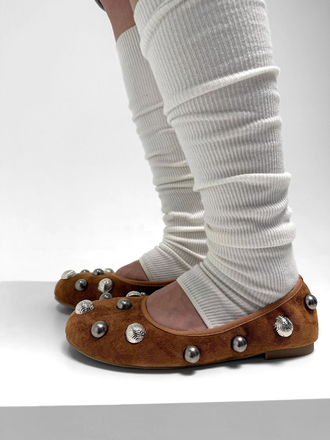 Brown suede-look studded ballet flats with rounded toes, softly gathered openings, and vintage Y2K streetwear styling