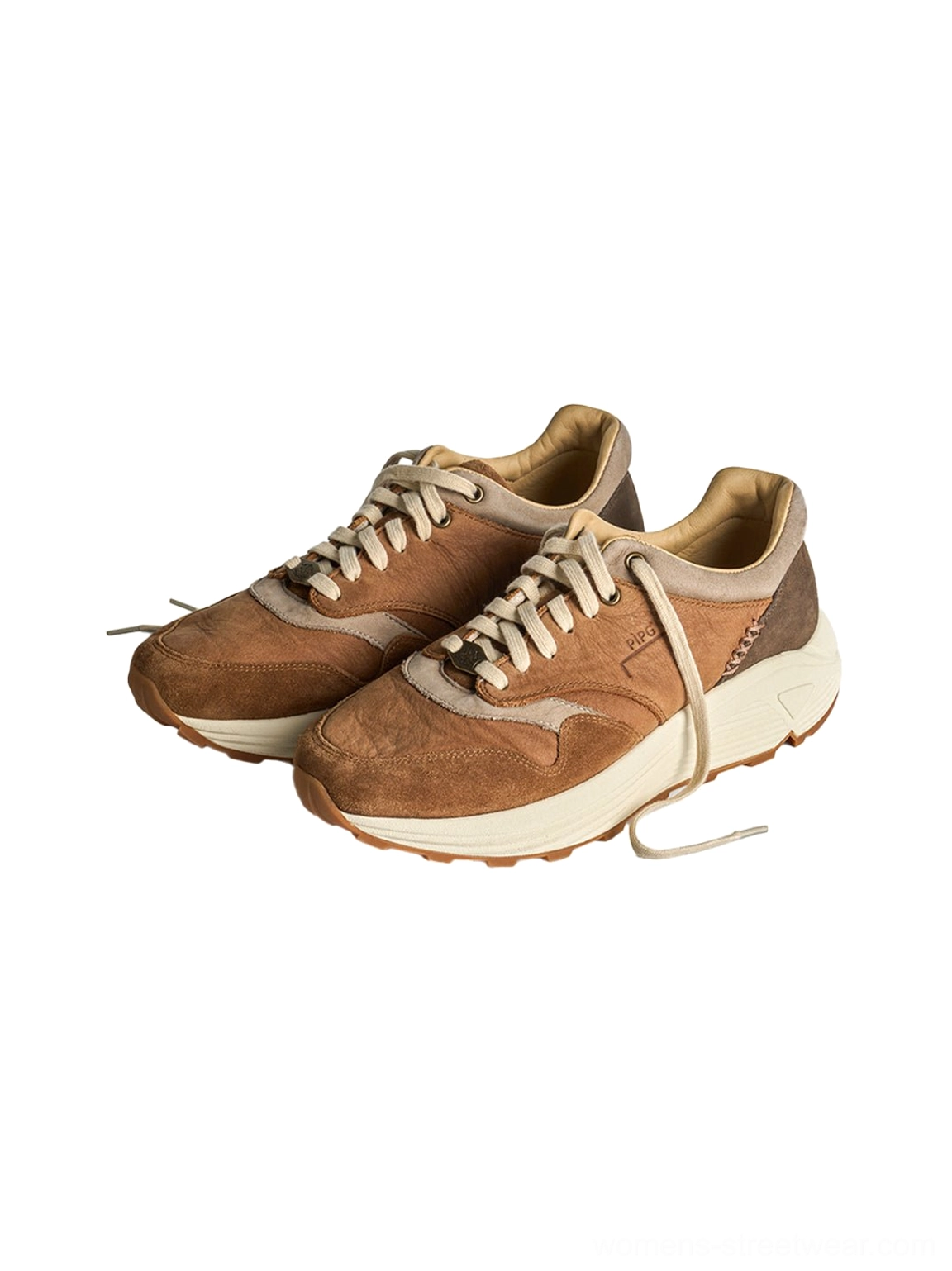 Brown suede panel sneakers with retro outdoor character for denim cargo pants and oversized layers