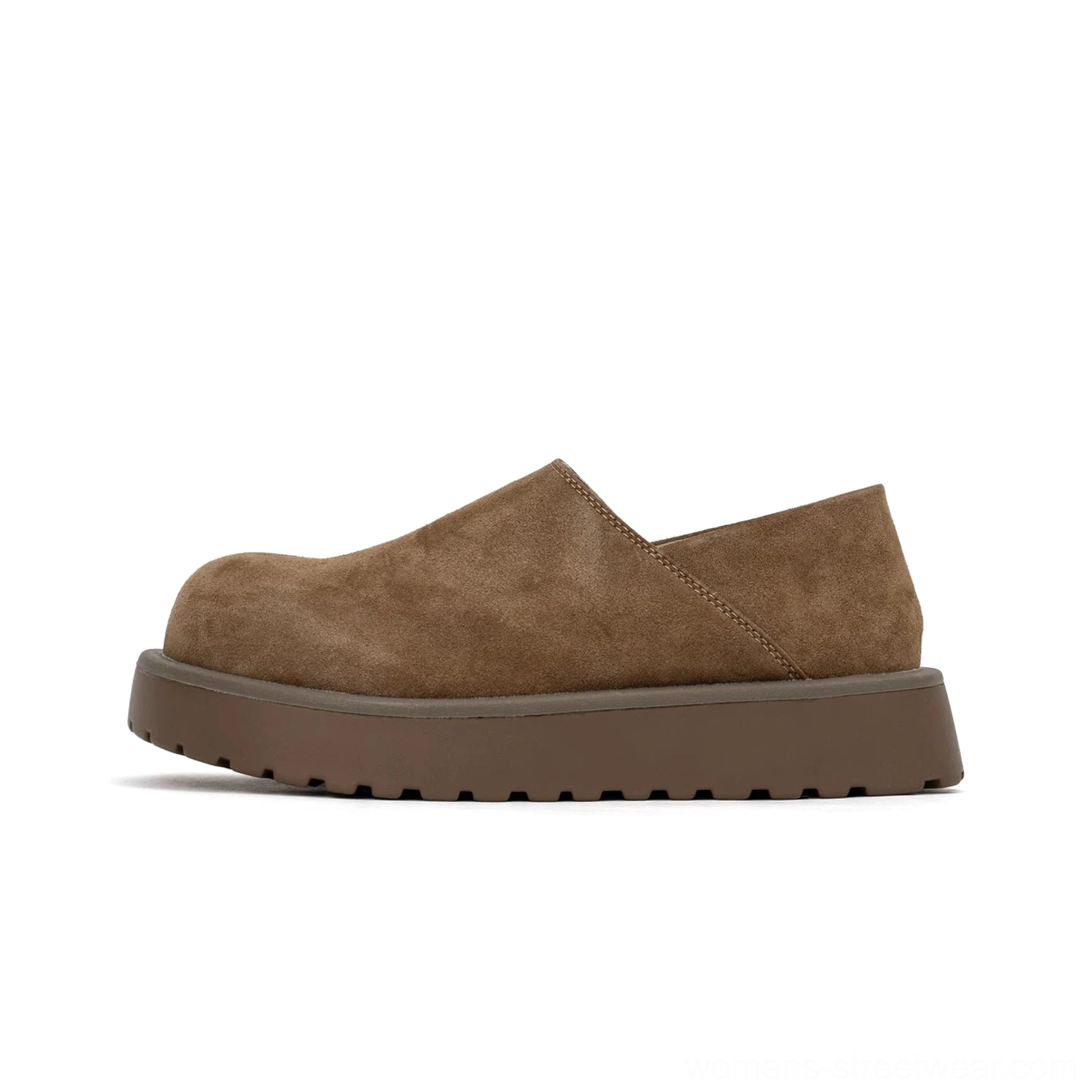 Studio side profile of brown suede-look platform slip-on clogs with rounded closed toe and chunky sole