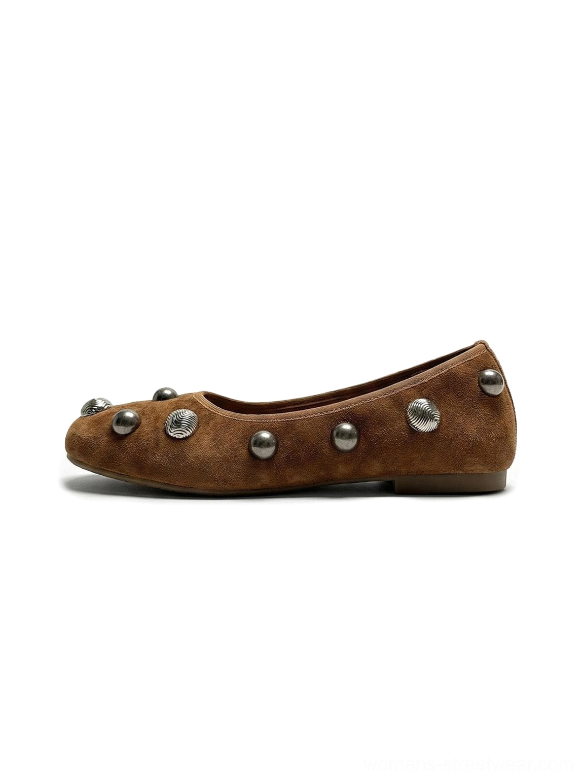 Brown suede-look studded ballet flats with rounded toes and mixed crystal-style embellishments shown in side profile