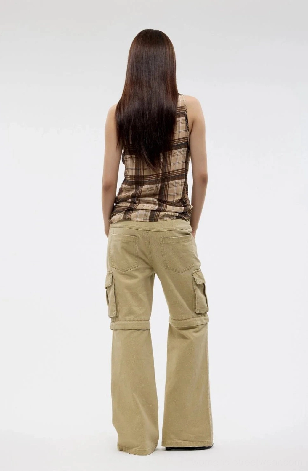 Rear studio view of brown tartan plaid Y2K cowl neck tank top for women