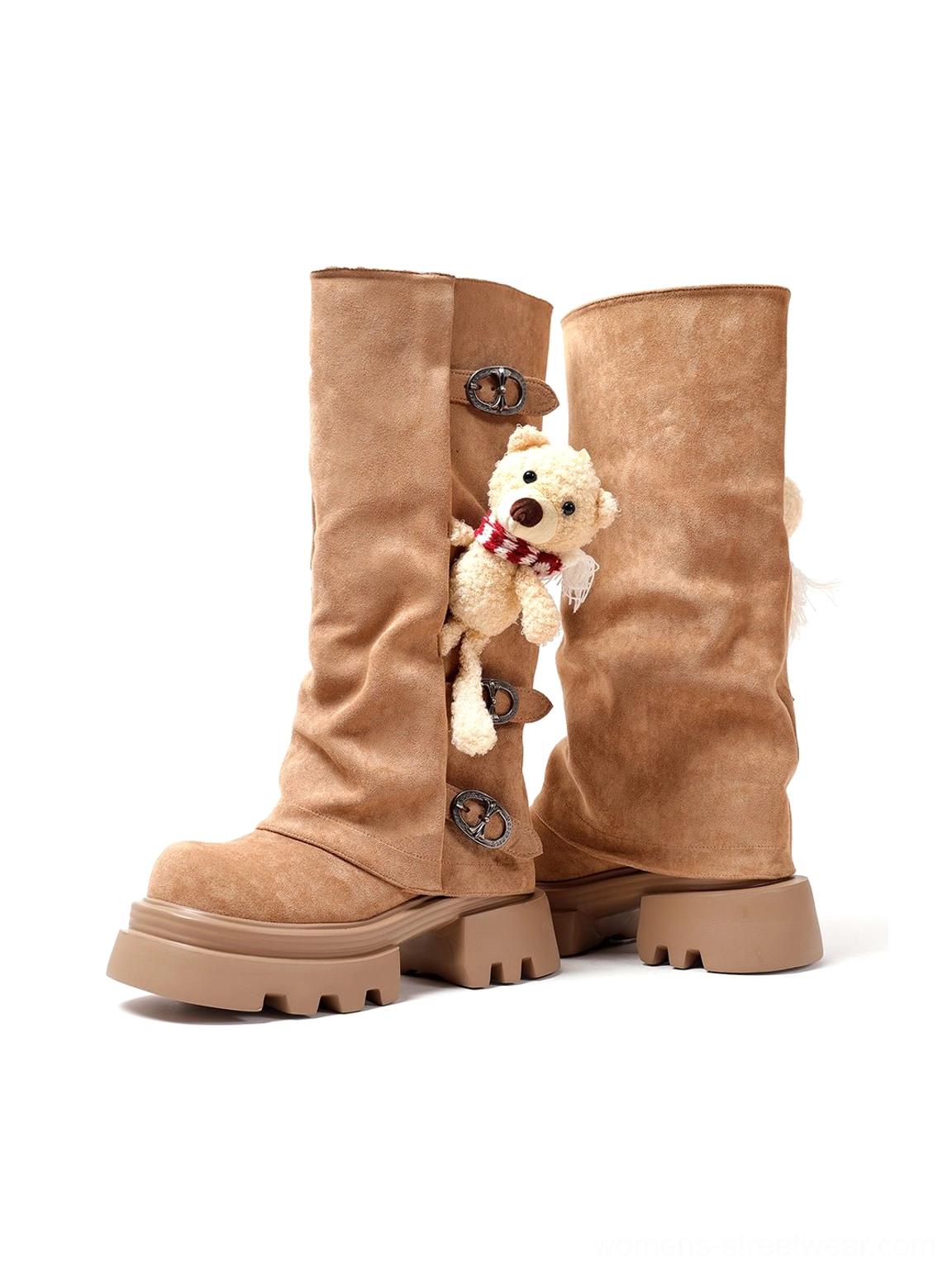 Brown teddy bear charm lug-sole boot with triple buckle straps shown beside the matching pair