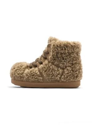Brown teddy fleece high-top platform boot in left side profile with brown laces and chunky tan rubber sole