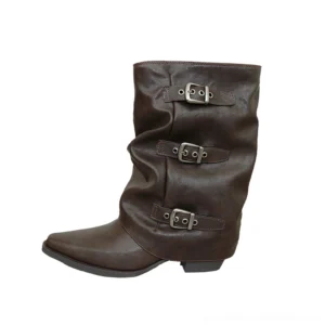 Brown triple-buckle slouch mid-calf boots with vintage leather-look upper, pointed toe, silver buckle straps, and low block heel