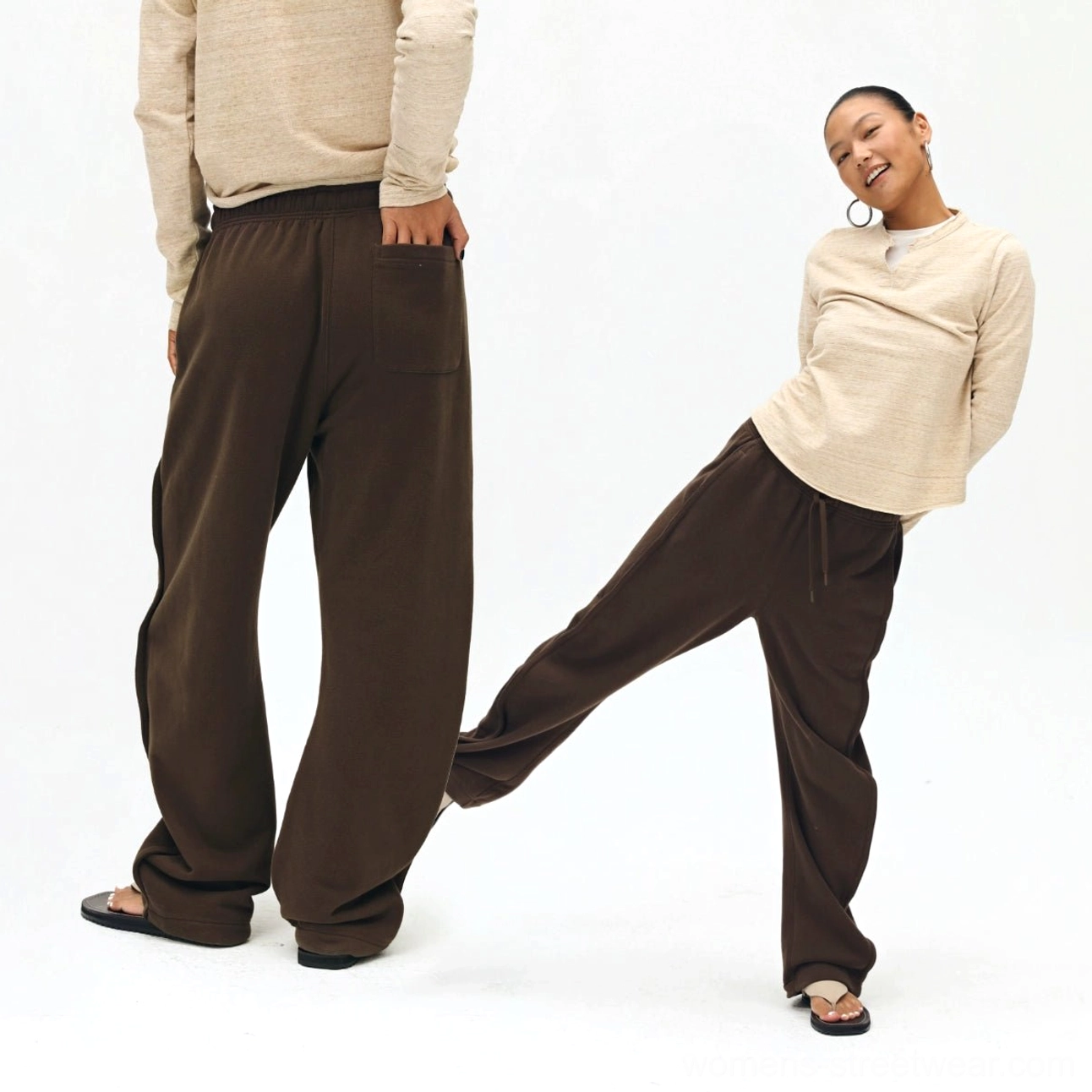 Brown twill sweatpants complete look - neutral earth tone streetwear essentials for wardrobe staple