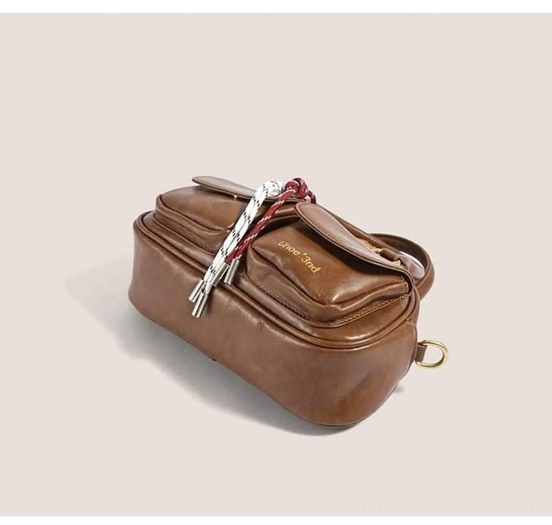 Brown vintage style mini handbag with structured bowling silhouette front utility pocket ribbon puppy charm and top handles