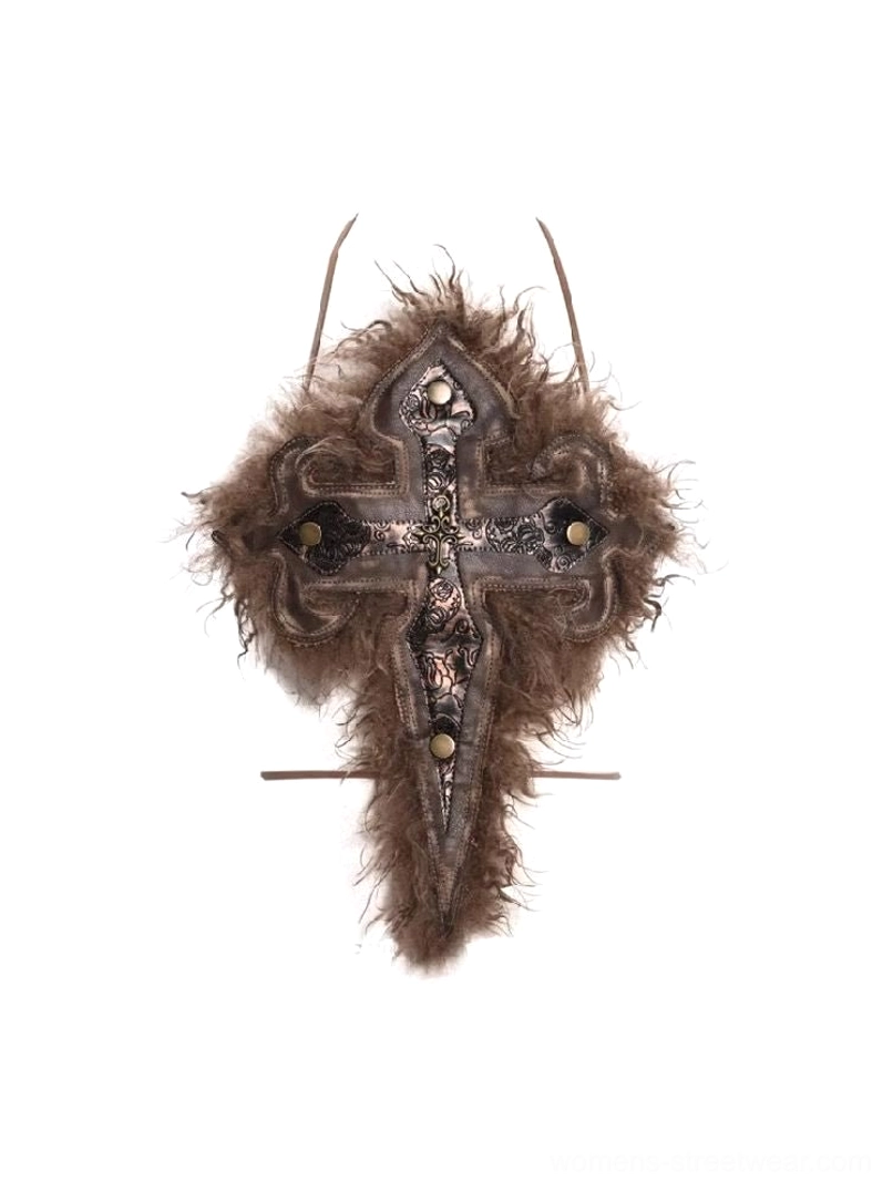 Brown wasteland warrior faux leather tube top hero product image with statement cross fur chest detail