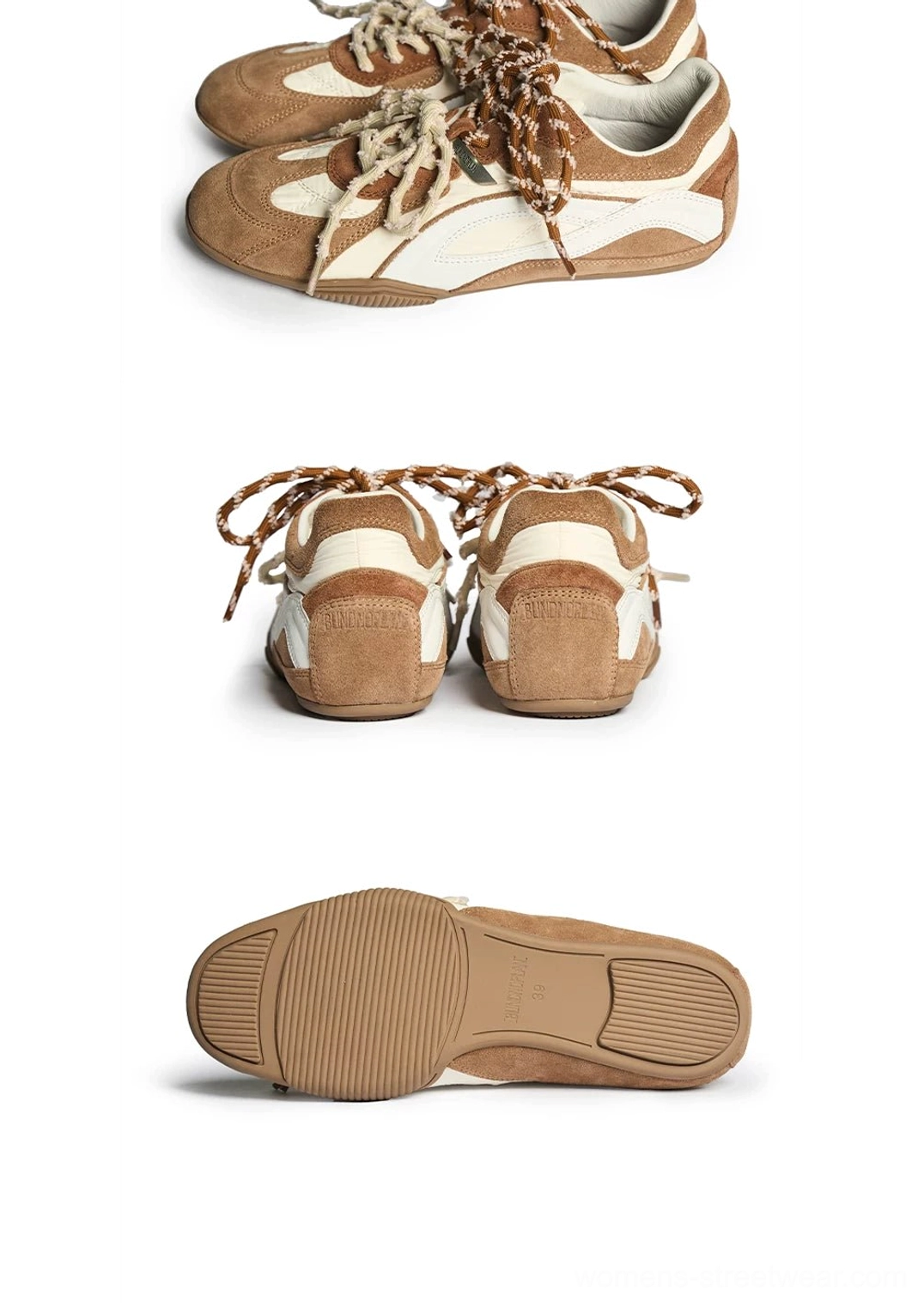Brown and white low-profile racing sneakers with contrast suede upper, braided laces, heel view, and textured anti-slip rubber outsole