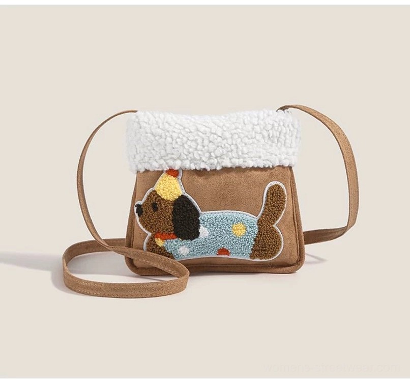 Brown and white party pup sherpa faux suede mini crossbody bag with cozy fleece trim and puppy embroidery