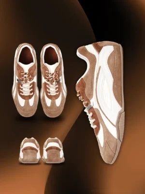 Brown and white retro low-profile racing sneakers with contrast suede panels, braided laces, side stripes, and slim rubber outsole front side and sole views