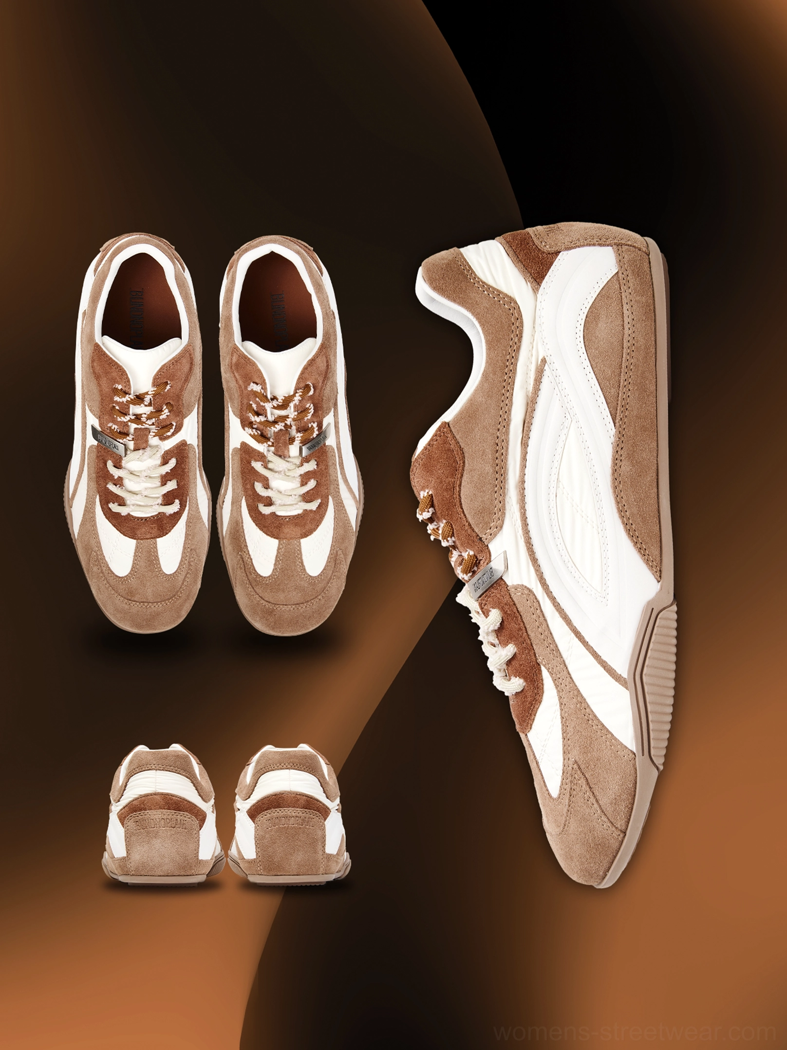 Brown and white retro low-profile racing sneakers with contrast suede panels, braided laces, side stripes, and slim rubber outsole front side and sole views