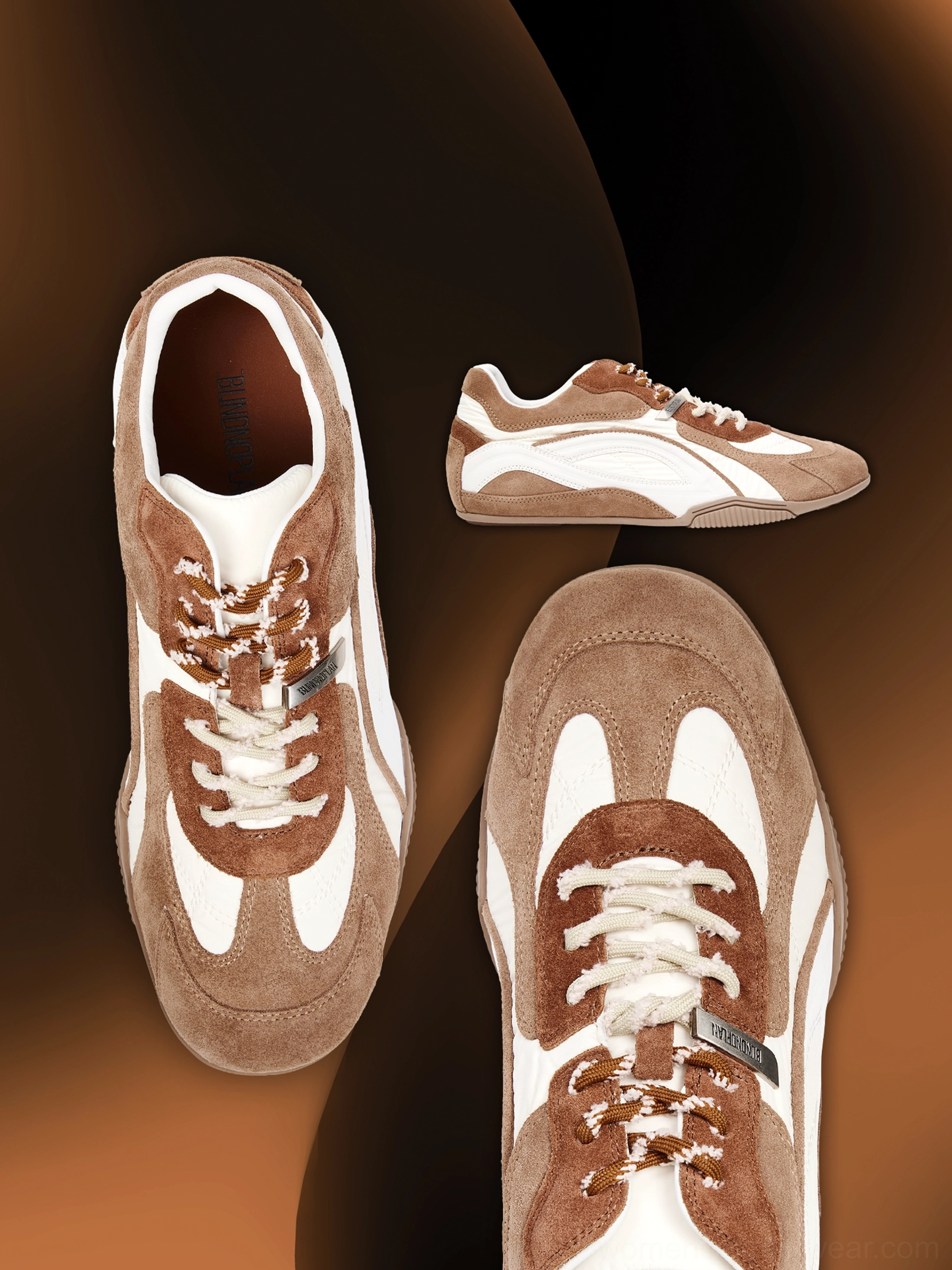 Brown white contrast panel retro racing sneakers shown from top and side with textured suede upper, striped detail, and two-tone braided laces