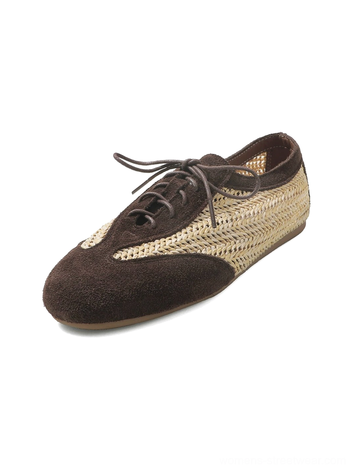 Brown woven leather German trainer sneakers shown from the front side with contrasting suede toe and heel panels and low-profile lace-up design
