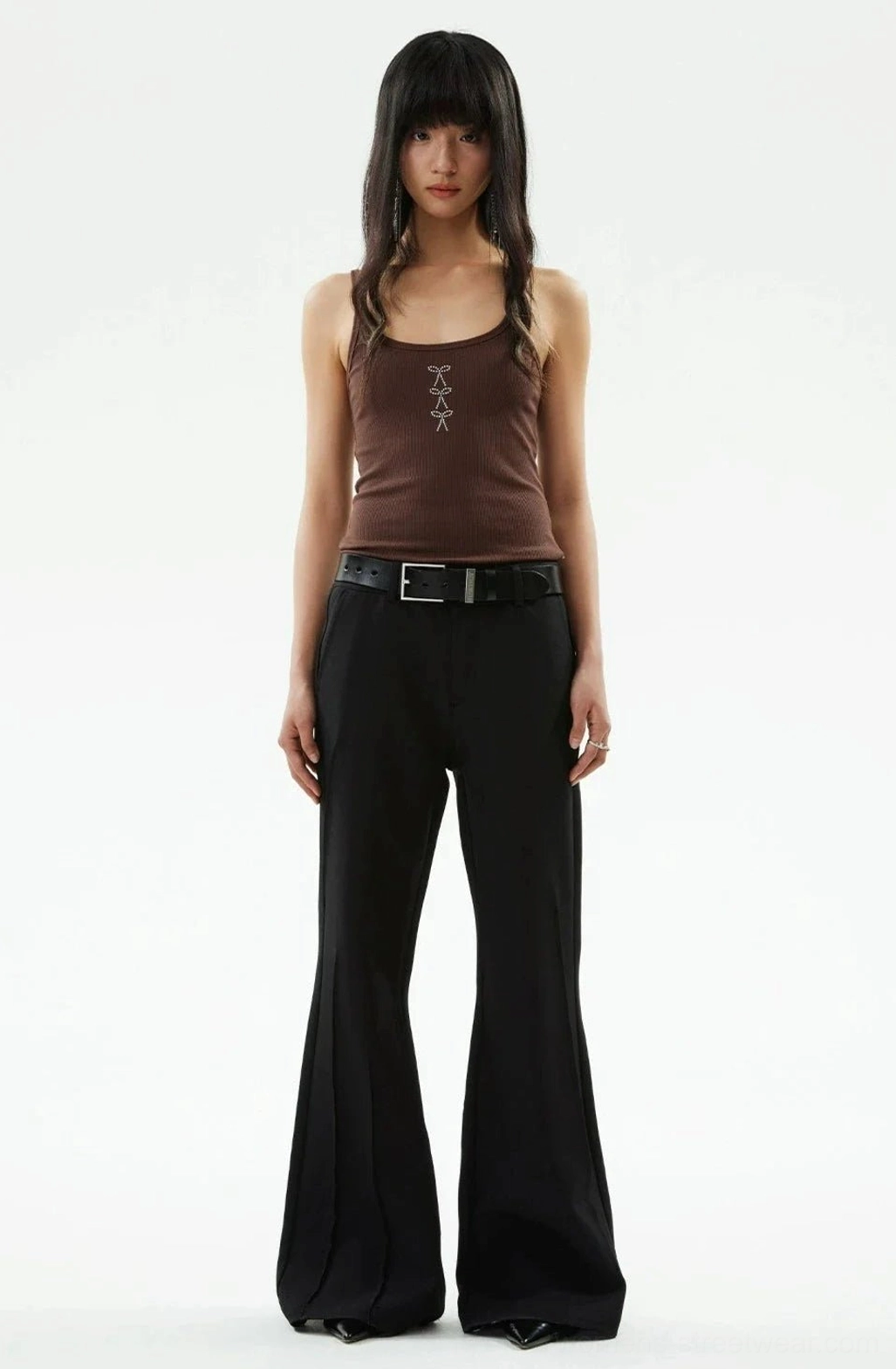 Brown Y2K ribbed camisole tank top with sparkling bow chest detail and wide-leg pants