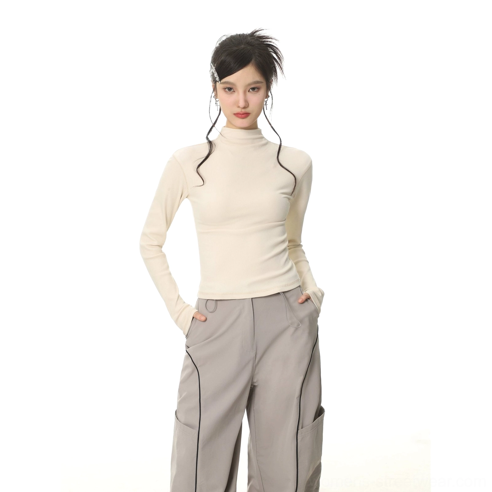 Brushed mock neck slim fit long sleeve streetwear top in a neutral solid color with contemporary Korean fashion styling