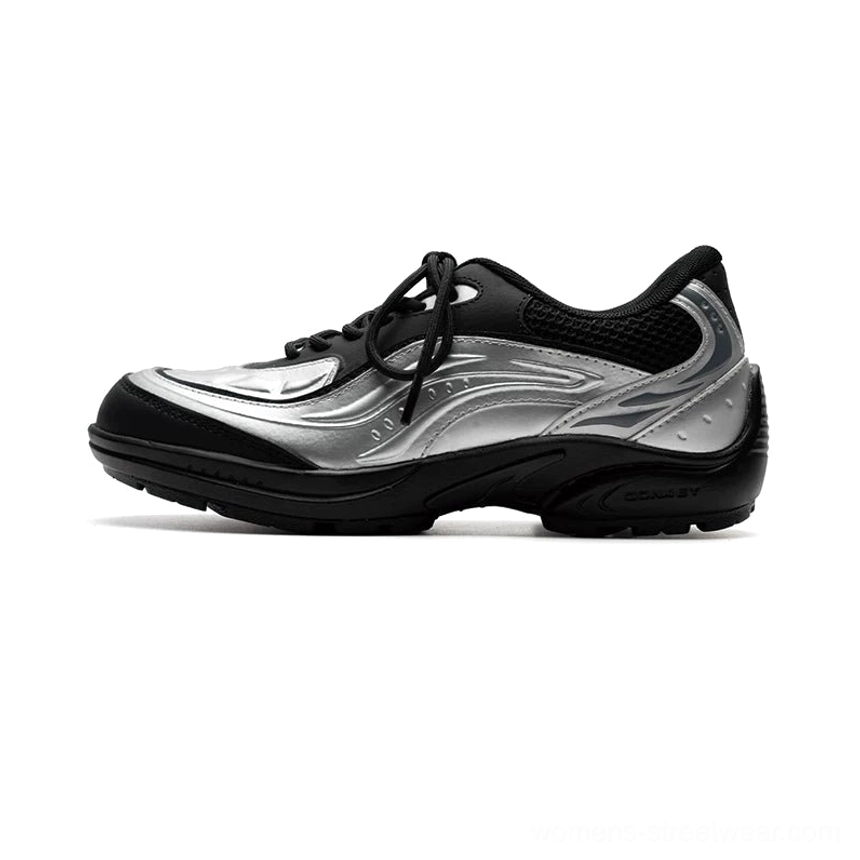 Brushed silver lunar wave running sneaker side profile with flame-shaped overlays and durable black rubber outsole