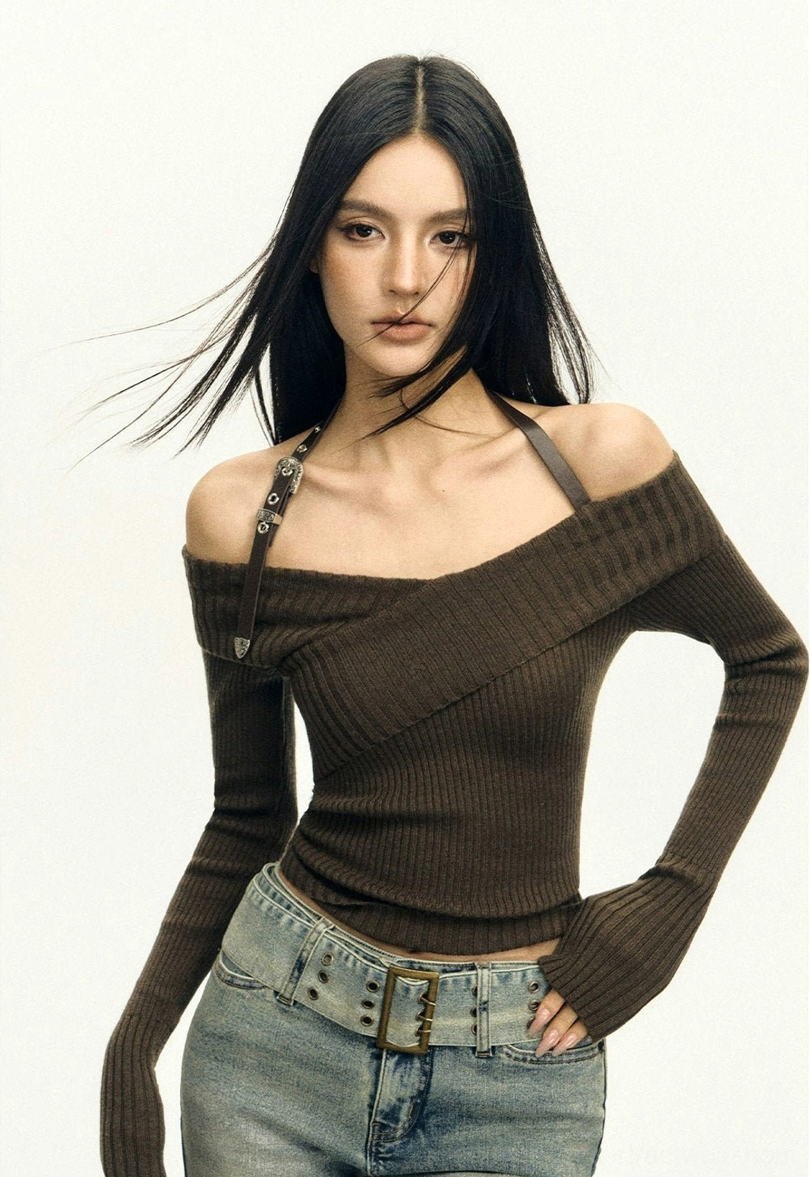 Buckle halter dark brown off-shoulder knit top showing ribbed texture crossover collar and slim silhouette