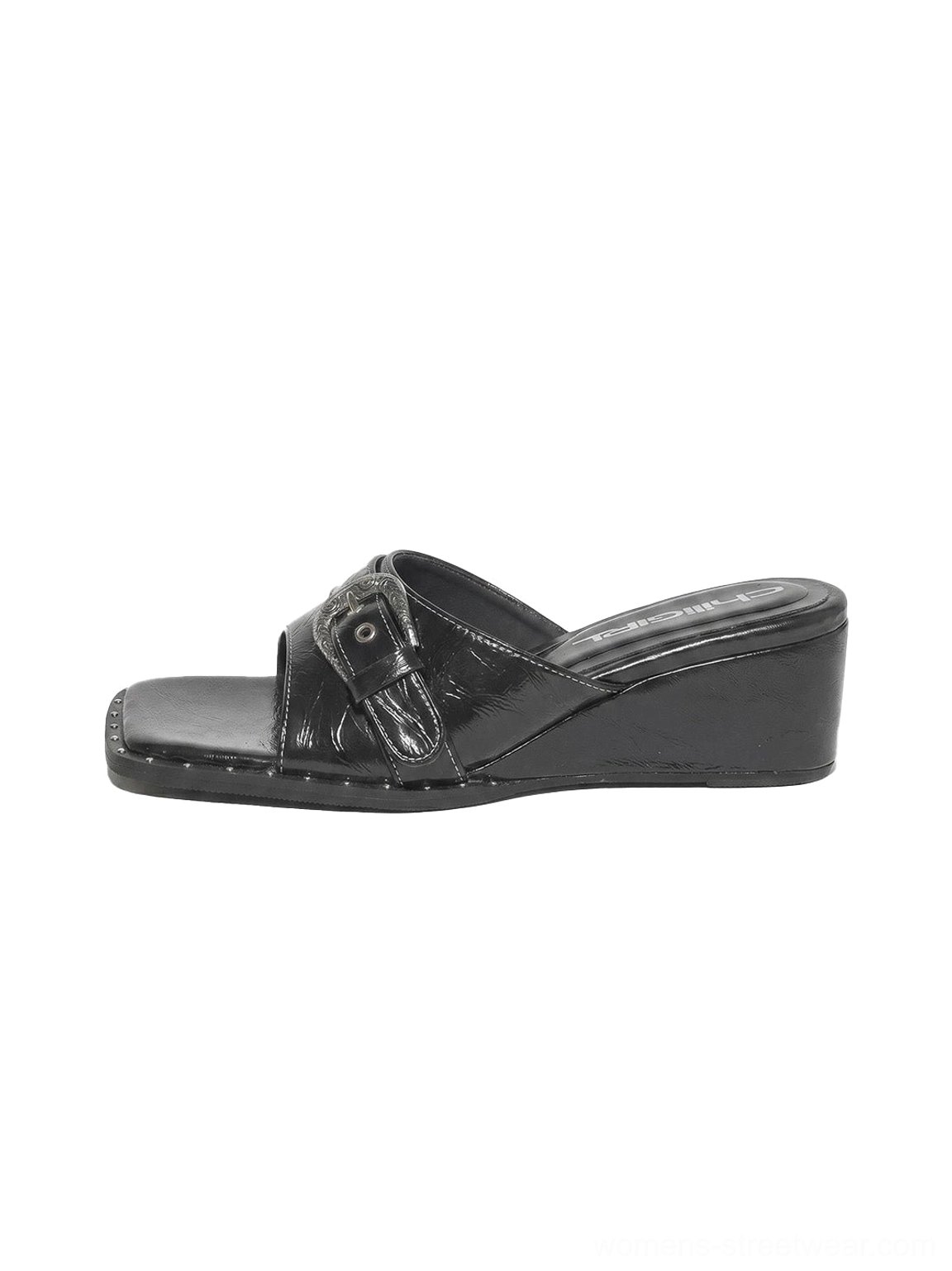 Black patent-effect buckled square-toe low-wedge slide sandals with studded sole trim and polished buckle hardware