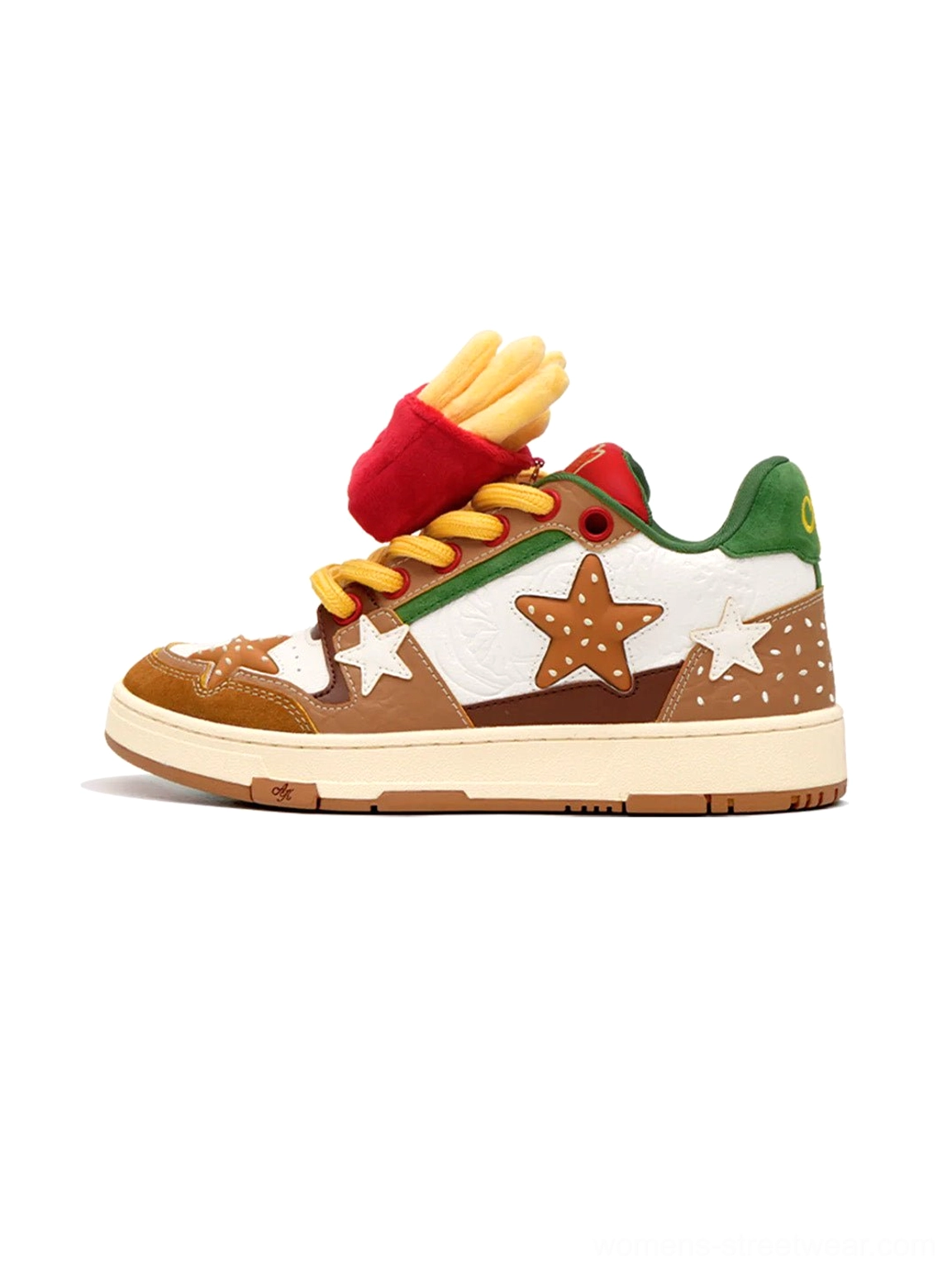 Burger Star low-top skate sneakers in brown white and green synthetic leather with yellow laces and oversized star patches side view