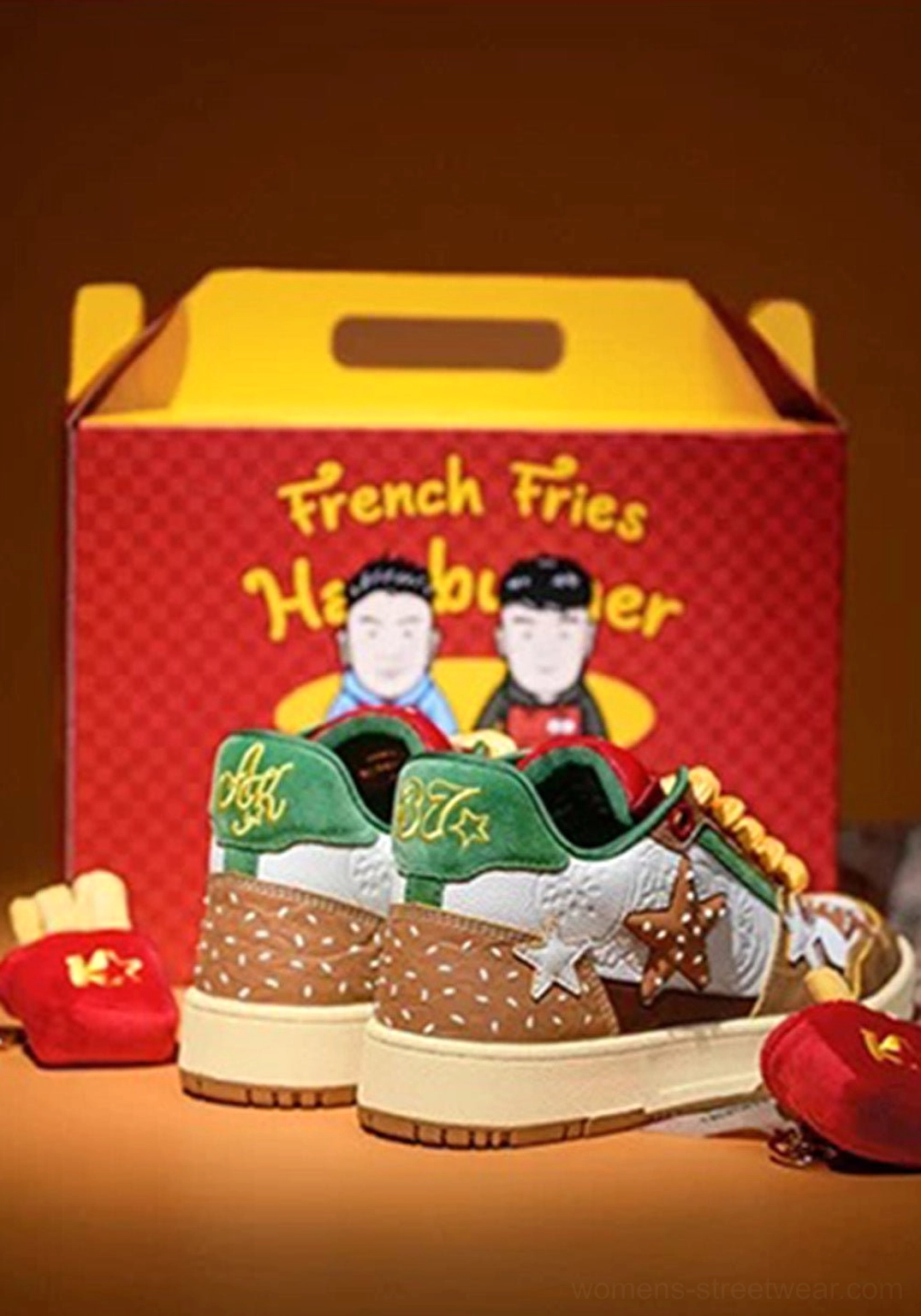 Burger Star low-top skate sneakers brown synthetic leather upper with colorful burger-inspired layered panels