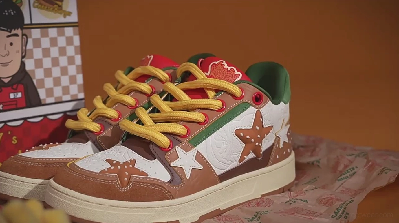 Double side view of Burger Star low-top skate sneakers showing brown white green color blocking yellow laces and star decorations