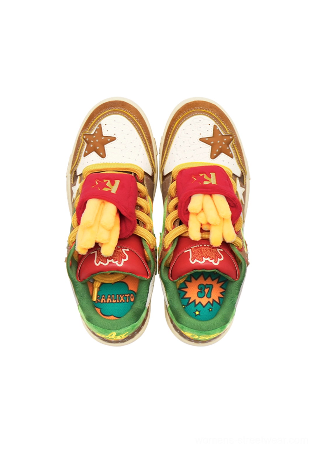 Burger Star low-top skate sneakers close-up of fast-food-inspired decorative accent and skate shoe construction