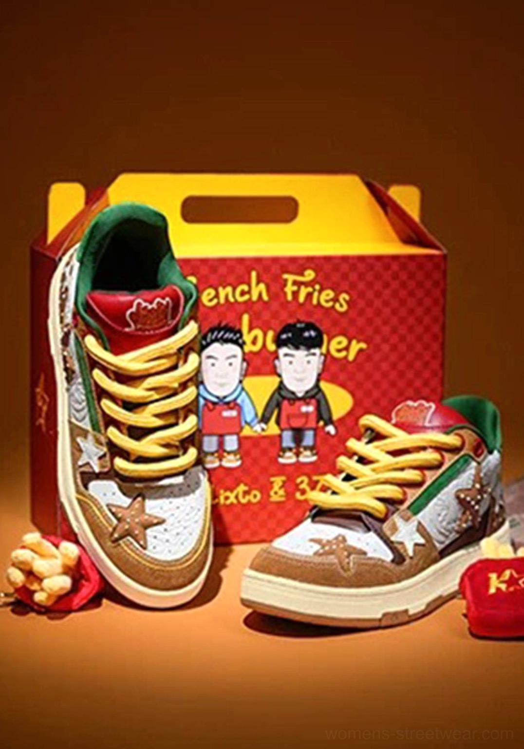 Burger Star low-top skate sneakers flat lay with fries box props showing playful fast-food streetwear design