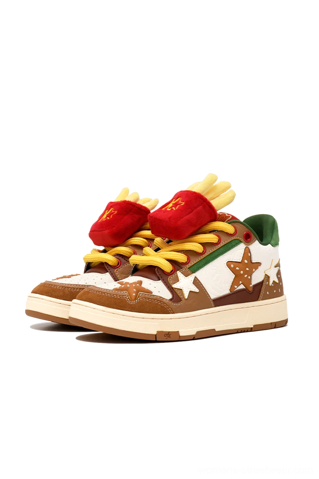 Burger Star low-top skate sneakers close-up showcasing oversized star decoration and round yellow laces