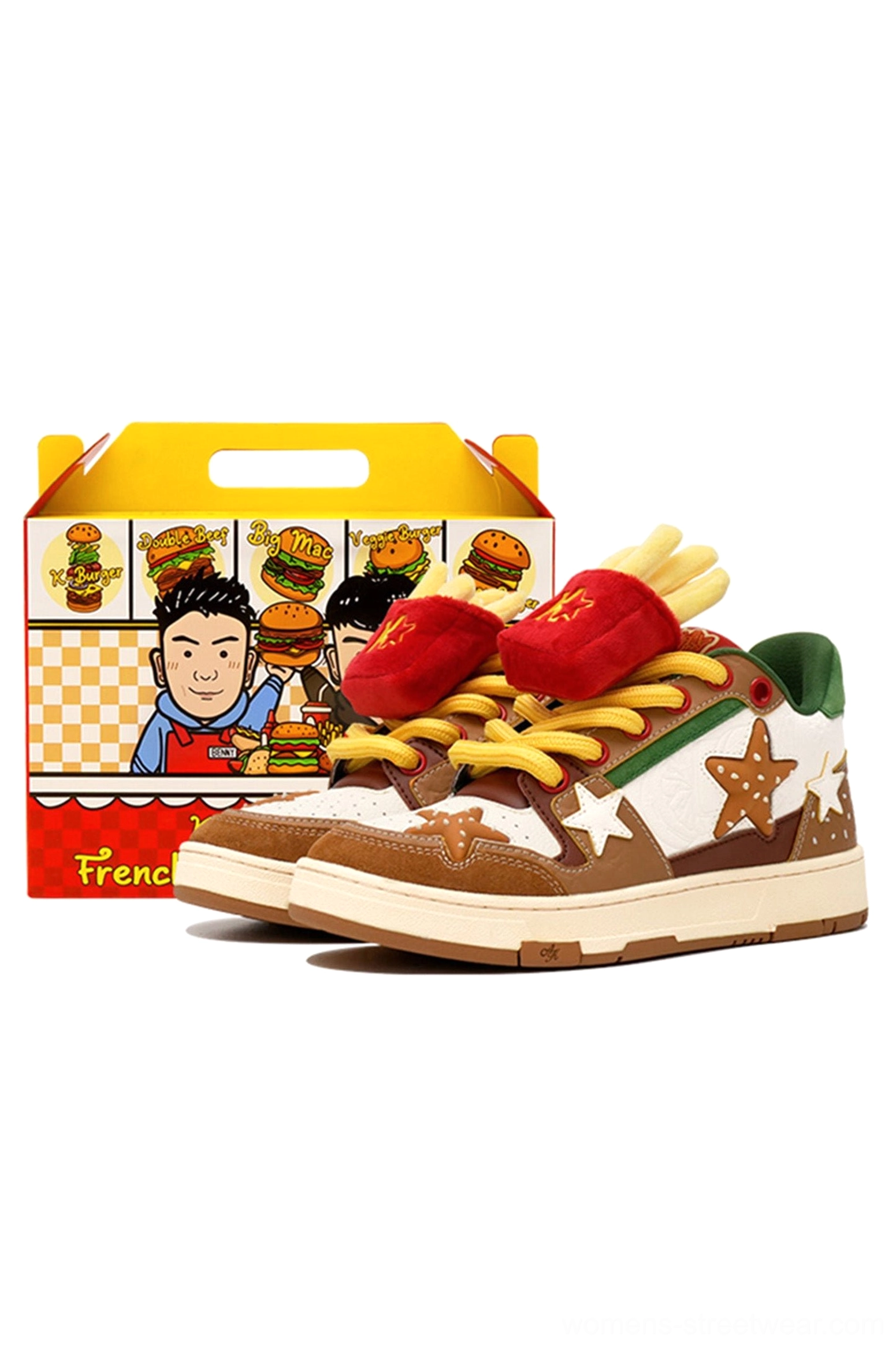 Burger Star low-top skate sneakers playful Y2K streetwear footwear product detail in brown white and green