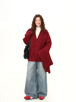 Loose burgundy knit cardigan and matching scarf in a full-body Seoul streetwear outfit with denim and black shoulder bag