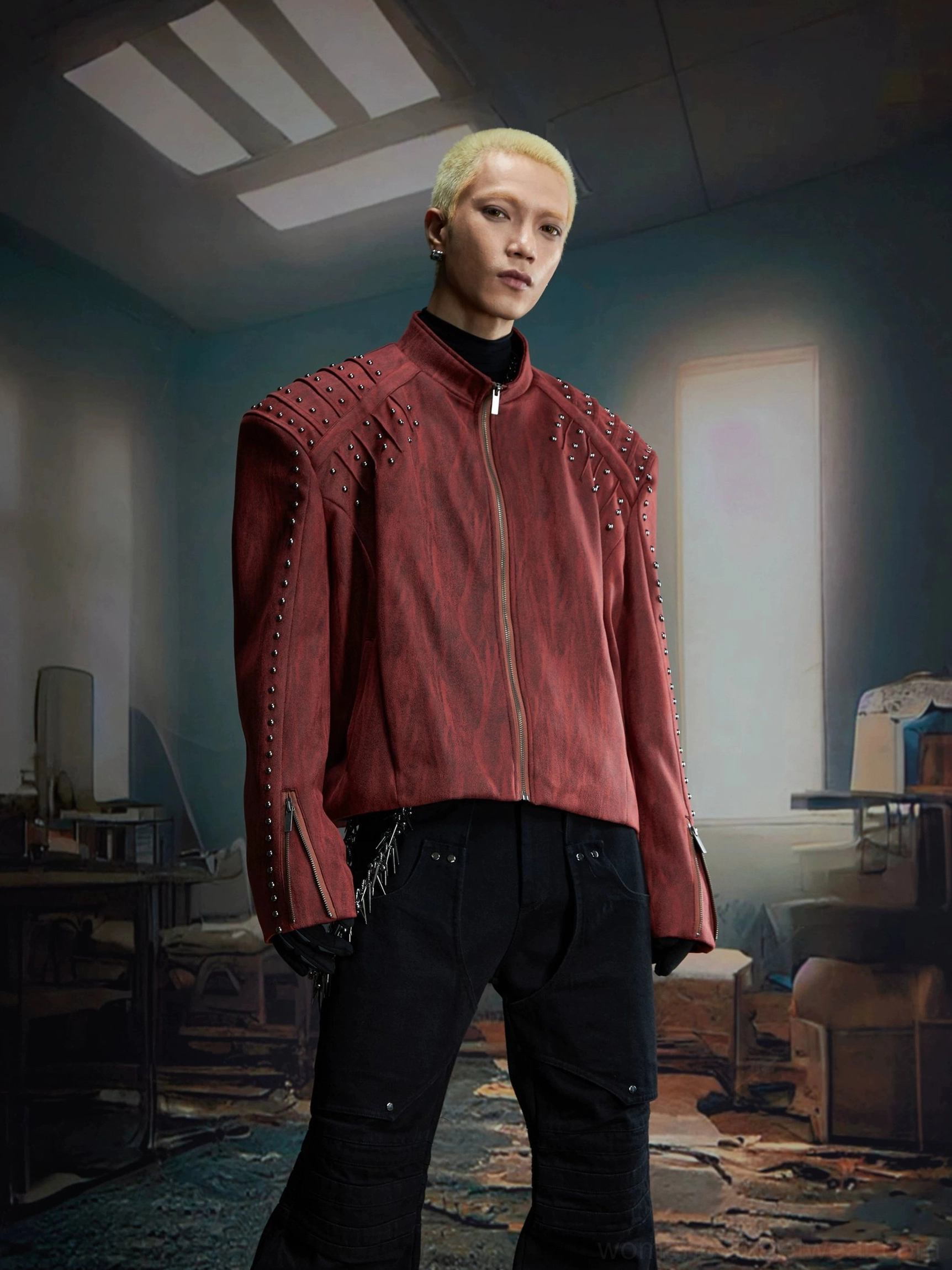 Burgundy red faux leather moto jacket with padded studded shoulders front zipper and detailed zip cuffs