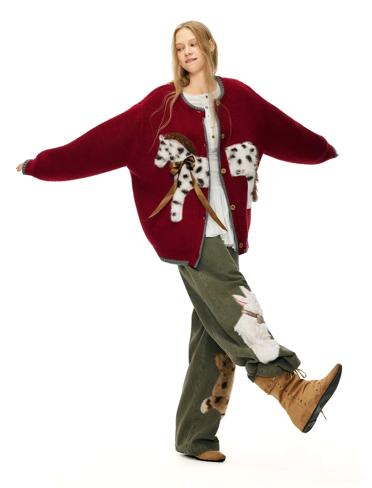 Burgundy red pony appliqué cardigan showing cozy knit texture and relaxed Korean streetwear silhouette