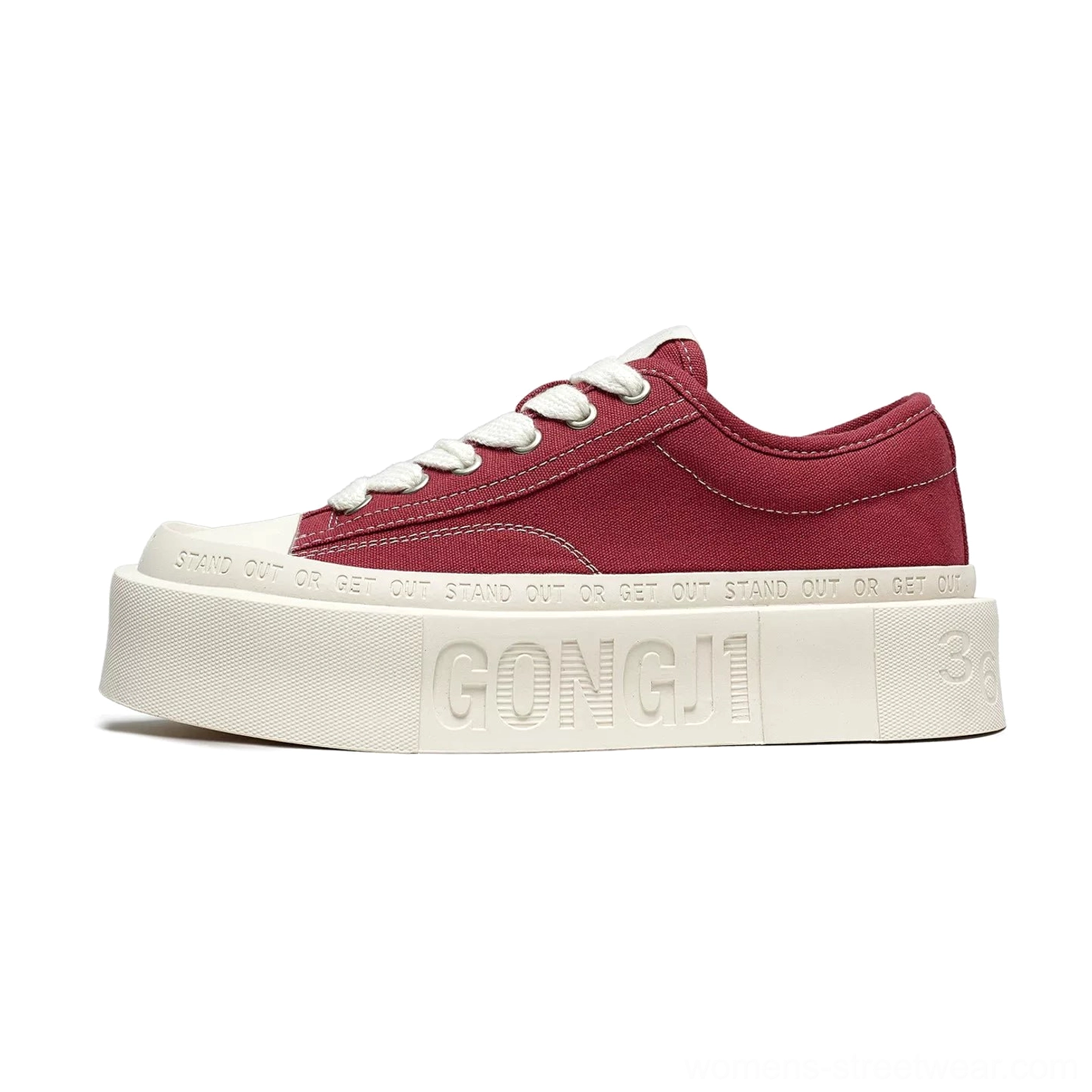 Side view of burgundy red and white square toe platform canvas sneakers with lace-up closure and chunky rubber platform