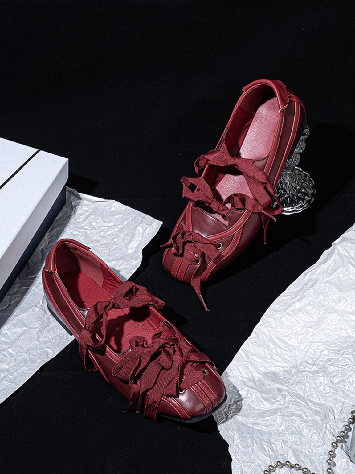 Women’s burgundy ribbon lace-up ballet flats in a balletcore and Seoul streetwear inspired style